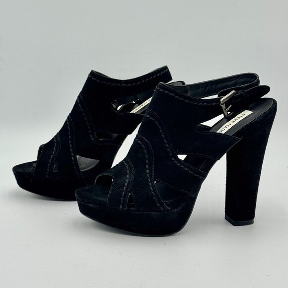 Steve Madden Suede Leather Cutout Platform Heels Black Peep Toe Chunky Slingback - Picture 9 of 12